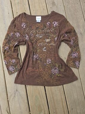 Express Brown Three Quarter Sleeve Scoop Neck Top with Pink Rose Print & Gems